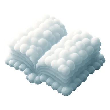 top view of a thick open book made entirely of small, very bright white fluffy convex clouds, matte glass style sticker