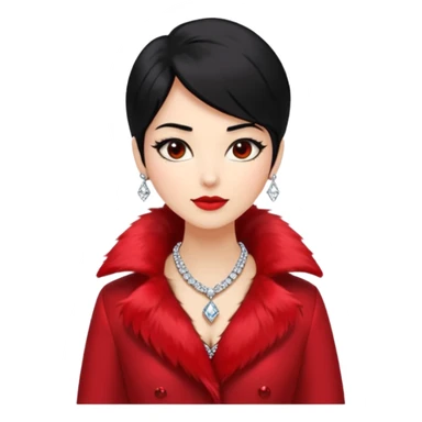 * Character: A stylish lady,black hair
* ﻿﻿Clothing: A luxurious red fur coat
* ﻿﻿Accessories: A dazzling diamond necklace
* ﻿﻿Expression: Confident, elegant, maybe slightly glamorous
* ﻿﻿Pose: Head slightly tilted or a poised posture
* ﻿﻿Style: Emoji-like, simple but expressive sticker