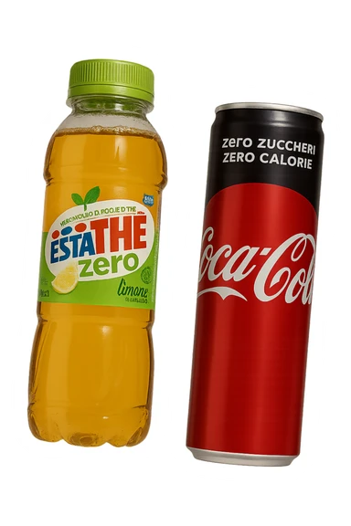 lattina di coca cola zero fluttua accanto a bottiglia di esta-thè zero, iperrealistiche 4k sticker