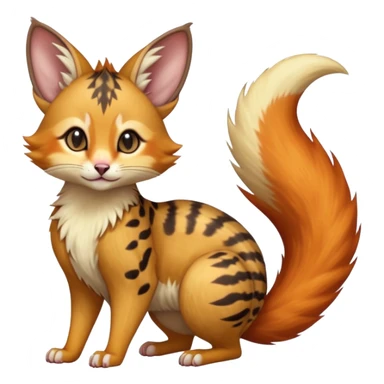 Hyper realistic furry fiery flammable beautiful elegant pretty precious cute  Fakémon-Pokémon-opossum-feline-serval-caracal-chinchilla-Furret-Minccino-hybrid-creature with a big fluffy bushy tail (full body) sticker