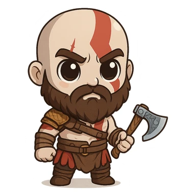 chibi-style Kratos with a tiny axe and big eyes sticker