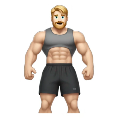 To knee Actively gesturing with hands Pale skinned Fit Man With the biceps and light brown hair in dark gray Sleeveless Mike, black oversize sports shorts and white Sneakers sticker