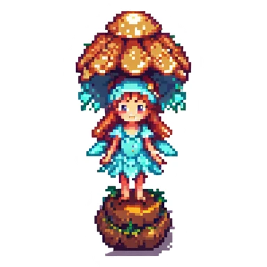Add a tiny fairy nearby the glowing mushroom in pixel art style, with no background. sticker