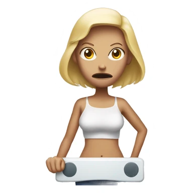 angry woman holding a bathroom scale sticker