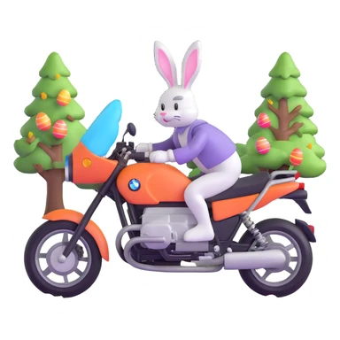 Easter bunny riding a BMW boxer motorcycle with trees and grass in the background and colorful Easter eggs hidden in the grass sticker