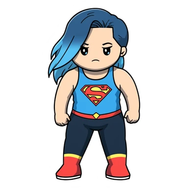 Beautiful-shameful look on face-very long and very straight black to sky blue ombre hair-blue sad eyes-cute sky blue lowcut tanktop-black with superman logo- leggings sticker