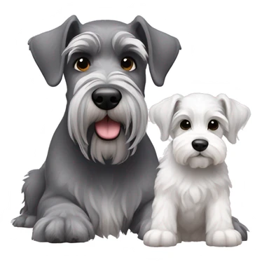 A big gray schnauzer with dark eyes next to a small all white puppy schnauzer sticker
