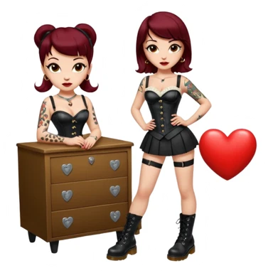 modern pin-up girl, white skin, heart-shaped face, big eyes, flirty expression, dark red lips, brown hair with rockabilly bangs and central blonde streak, leopard corset and black leather, black pencil skirt, Dr. Martens boots, old school tattoos on arms and legs, compact and rounded, full body sticker