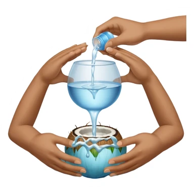 A whole coconut with water being poured over it with hands cupping water sticker
