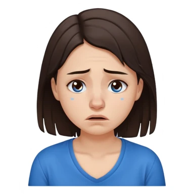 white young curly long hair girl, dark brown hair, with a blue shirt, in despair crying, brown eyes, septum nose piercing sticker