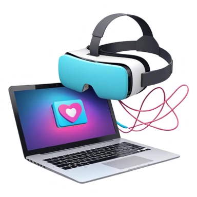 VR headset lying next to a laptop, connected by wires. On the laptop screen a VR/AR modeling program is opened. Floating 3D models or virtual objects. Modern, tech-inspired colors. No emojis or smiley faces. Transparent background. sticker