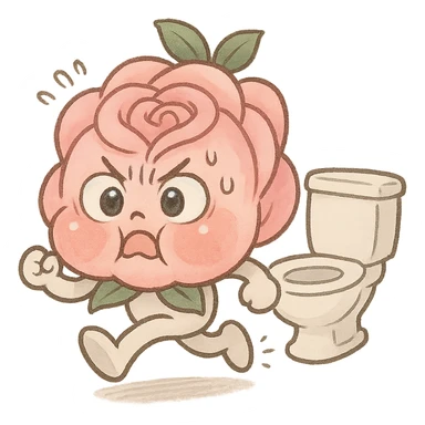 soft pink rose flower with puffed cheeks making a panicked toilet run, eyes bulging, legs dashing, pastel tones, chibi round shape sticker