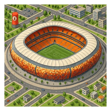 Изометричная, яркая, детализированная и фотореалистичная иллюстрация стадиона FNB Stadium в стиле 3D-коллажей городов, насыщенные цвета, аккуратные и чёткие линии, мультяшно-реалистичная стилистика. Чёткие контуры, не размазанные линии, прозрачный фон, высокое качество. sticker