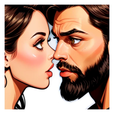 a brunette girl with hazel eyes and dark nude lips and brunette man with a beard kissing esch other  sticker
