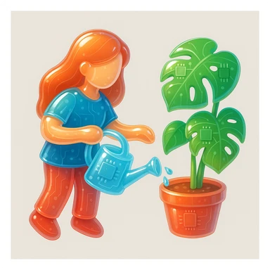 woman watering her monstera plant sticker
