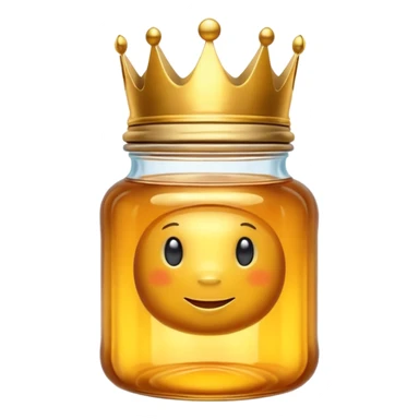 Honey jar filled with golden thick liquid, on top of the jar a big crown sticker