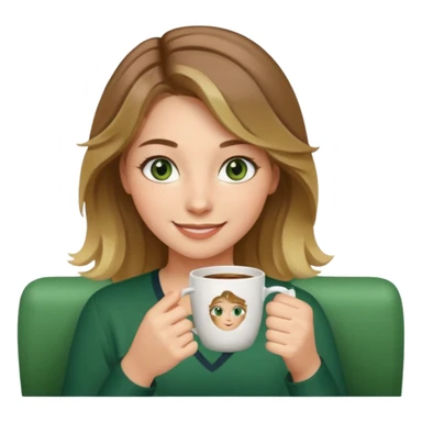 smiling girl with cup indoors green eyes  slightly wavy brown hair down to her shoulder with blonde highlights sticker