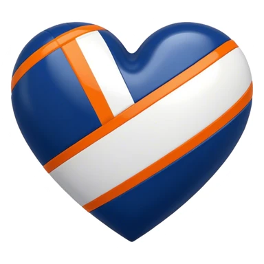 Glossy, sporty dark blue heart with diagonal white and orange athletic stripes going down one side sticker