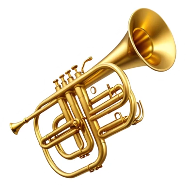 Cinematic Realistic Trumpet, rich golden brass with subtle tarnish marks, soft highlights emphasizing the intricate details, warm reflections of stage lighting bouncing off the metal, glowing with bold and triumphant energy. sticker