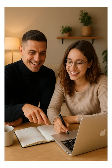 a man and woman work together on a project at home, with the man offering guidance and the woman actively participating and contributing ideas. Their expressions show teamwork and satisfaction, highlighting the benefits of collaboration and shared leadership. The setting is warm and inviting. sticker