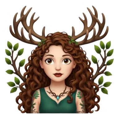 woman with long curly brown hair, brown eyes, white skin, tattoos, tree branches forming antlers above her sticker
