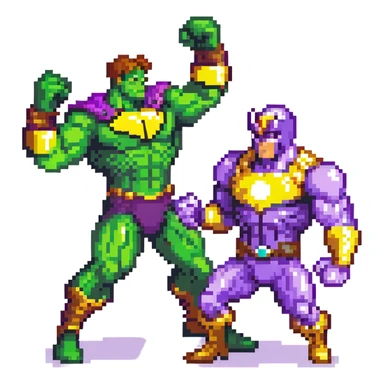 Hulk vs Thanos battle scene, green muscular superhero fighting purple villain with Infinity Gauntlet, action poses sticker