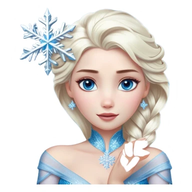 Cinematic Realistic Elsa Portrait, depicted with lifelike skin texture, soft natural lighting, and intricately detailed platinum blonde hair styled elegantly. Her striking, expressive blue eyes exude confidence and grace, complemented by a serene and regal expression. She holds a shimmering snowflake delicately in one hand, her other hand resting against her gown, embodying the power and beauty of winter. She is dressed in her signature icy attire, with shimmering fabric textures and delicate folds that catch the light beautifully. The portrait features a soft, enchanting glow with a cool, radiant finish, capturing the essence of timeless elegance in a realistic and painterly style. sticker