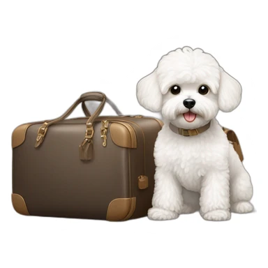 a white maltipoo with a luggage next to him sticker