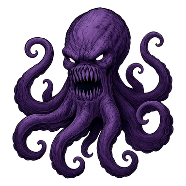 Remove the nose, make the octopus look scary, keep the purple color, with no background. Maintain the original style and details of the octopus while making it look scary and purple. sticker
