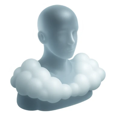person looking straight ahead, shoulders filled with convex white fluffy clouds, matte glass style sticker