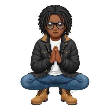 African American man brown skin complexion with black dreadlocks shoulder length wearing black bubble winter coat wearing black sunglasses with denim skinny jeans and timberland boots kneeling in prayer sticker