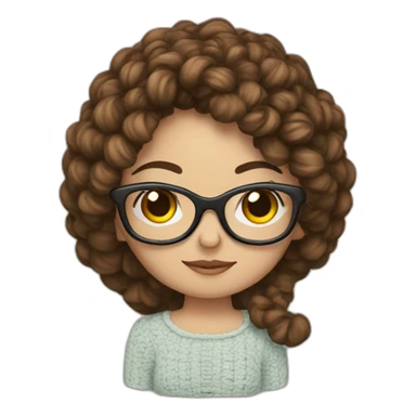 Girl with brown hair, and glasses, making crochet sticker