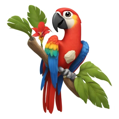 Scarlet macaw on a branch with a tooth pick and a cowboy hat sticker