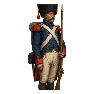 Vieille Garde soldier, Napoleonic era, blue uniform, bearskin hat, standing at attention, detailed, historical sticker