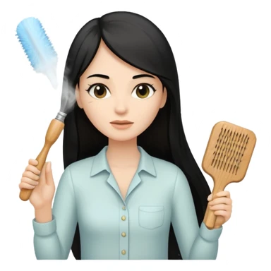 A white woman with long, straight black hair, wearing an ivory-colored shirt, holding a small square wooden paddle hairbrush in her left hand and spraying a hair mist bottle with her right hand toward her hair. sticker
