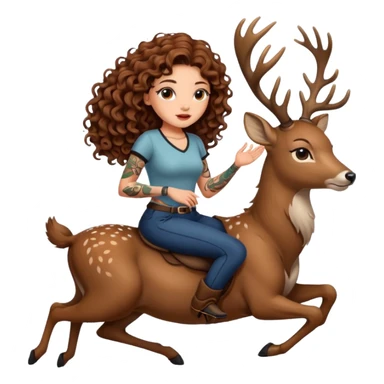 cute woman long curly brown hair tattoos riding calm deer sticker