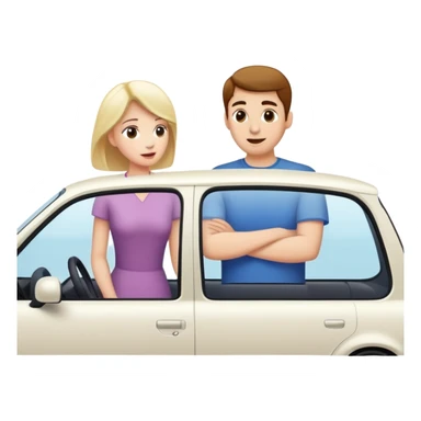 woman standing outside car talking to man inside car with window down sticker