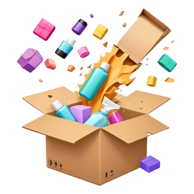 exploding cardboard box with beauty products flying out sticker