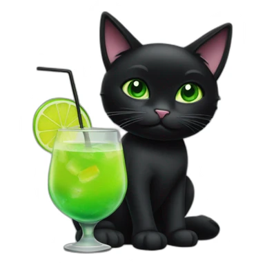 a black cat with green eyes and a cocktail drinks a cocktail sticker