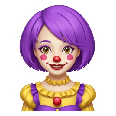 Clown girl with the human style. Has a purple wig, simple makeup, and a yellow dress sticker