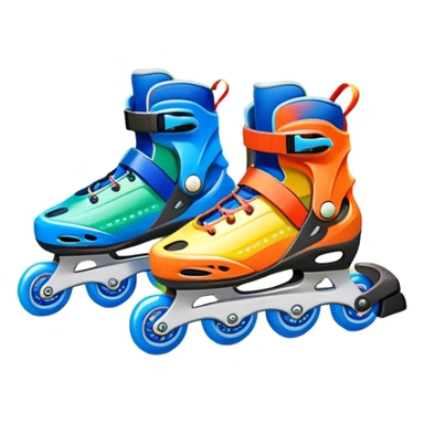 An icon featuring a pair of colorful inline rollerblades resting on a park path. The background showcases winding park pathways, lush green trees, and vibrant flowers along the way. The scene radiates a sense of freedom and outdoor activity under a clear blue sky. Transparent background sticker