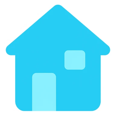 house icon with square base main structure, triangle roof, smaller rectangle door, square window, all shapes filled with #00EEFF color sticker