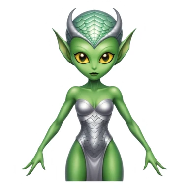 Green Alien woman in silver dress, full figure with scales skin, yellow eyes sticker