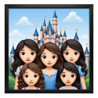 Quiero que crees una imagen donde este el castillo de Disney y por detrás o delante pon a quatro chicas: una con el pelo largo rizado marrón , otra con el pelo corto negro, otra con el pelo mediano liso marrón y otra con el pelo negro largo liso sticker