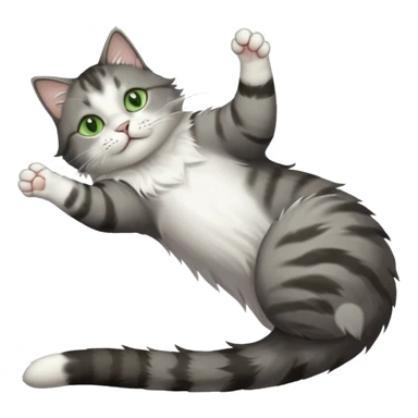 grey and white cat with green eyes doing a big extremely long stretch reaching up into the air with arms and legs side by side together straight and overextended whilst lying on its side sticker
