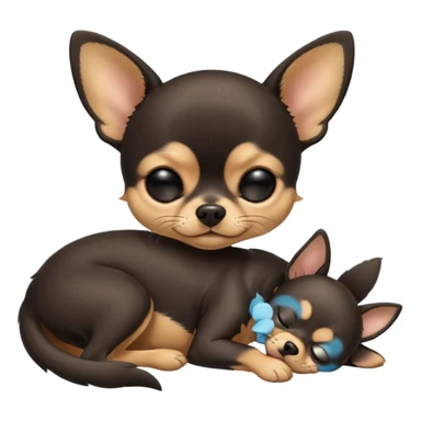 A high-resolution photo-realistic digital illustration of a cute black and tan chihuahua with eyes closed shut sleeping lazily on the ground sticker