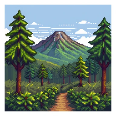 2D forest background with parallax layers, trees, bushes and a distant mountain sticker
