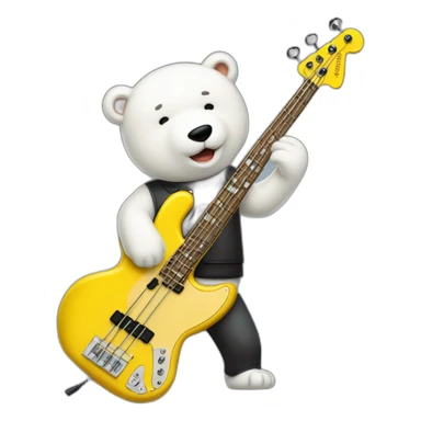 Bass player brunete male white bear playing a yellow fender jazzbass sticker