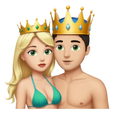 Blonde Queen Green eyes with crown in Bikini kissing Male subject without crown dark Hair blue eyes sticker