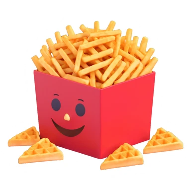 crispy waffle fries overflowing from a red box, 3D emoji style, playful and bright sticker